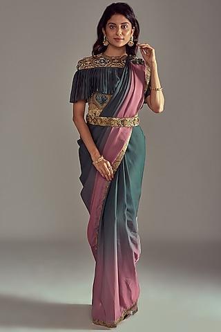 olive green mashru silk shaded printed & embroidered gown saree with belt