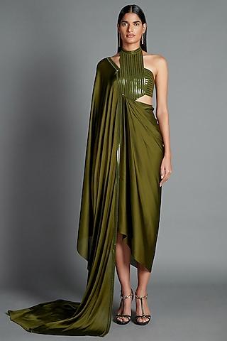 olive green metallic draped dress
