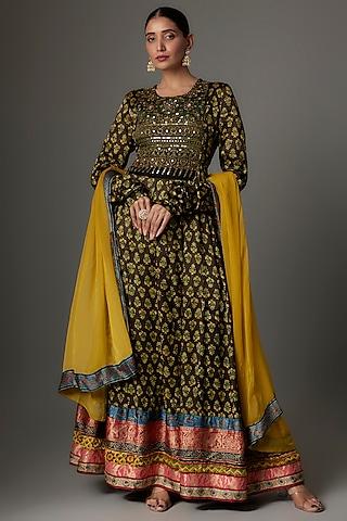 olive green modal silk hand embroidered ajrakh anarkali set