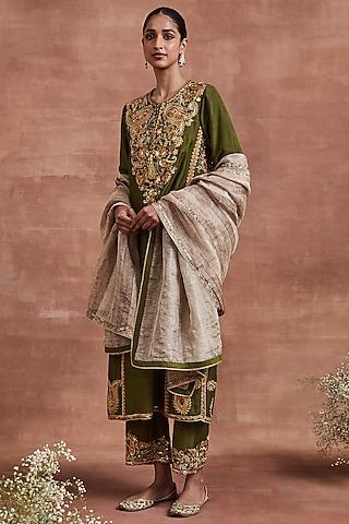 olive green moonga silk hand embroidered kalidar kurta set