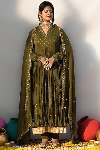 olive green mul chanderi embellished anarkali set