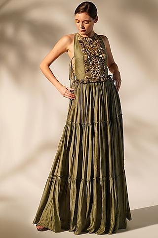 olive green mul silk embellished maxi dress