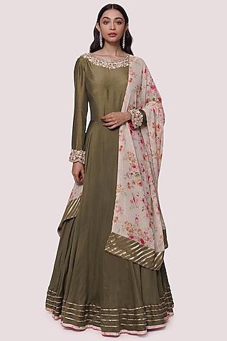 olive green muslin embellished anarkali set