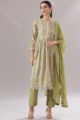 olive green muslin printed & embroidered anarkali set