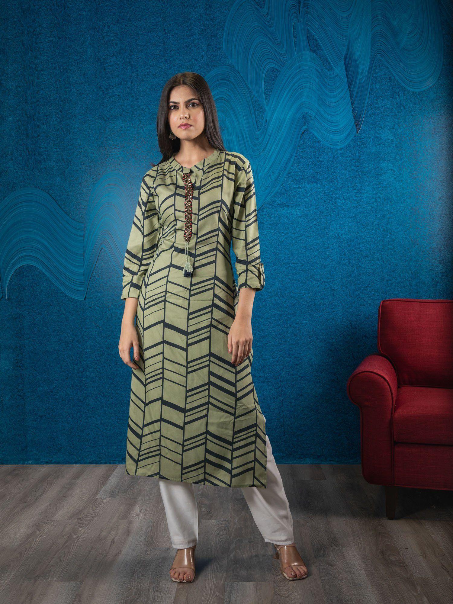 olive green muslin printed kurta