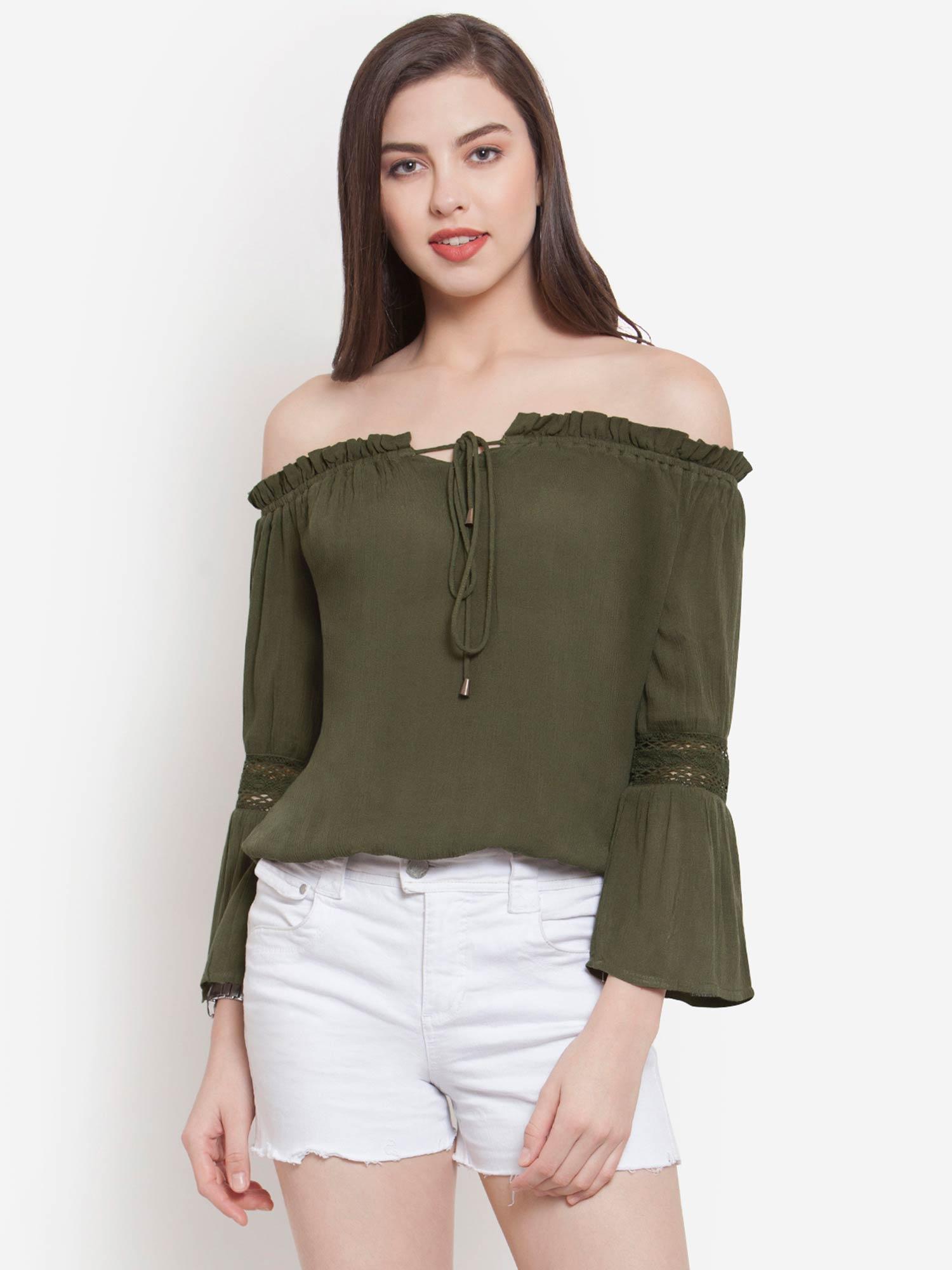 olive green off shoulder bell sleeve top