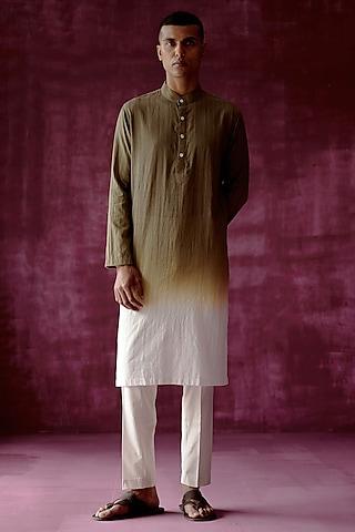 olive green ombre dyed cotton jacquard kurta set