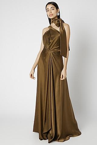 olive green one shoulder gown