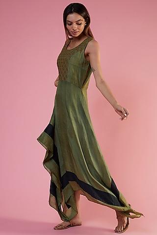 olive green organic silk embroidered asymmetric dress