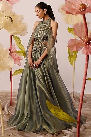 olive green organza embellished halter-neck gown with cape