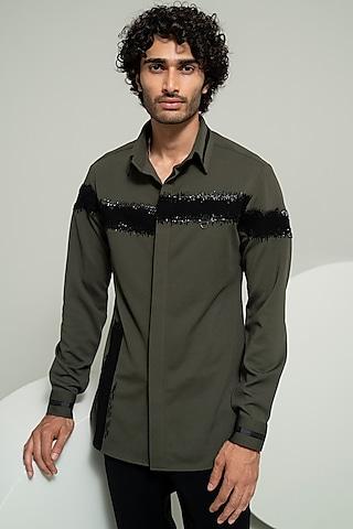 olive green pique suiting embroidered shirt