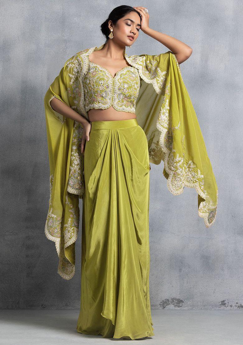 olive green pleated skirt set with mirror zari work blouse and embroidered dupatta