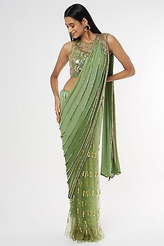 olive green pre stitched embroidered saree set