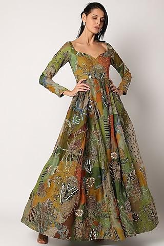 olive green printed & embellished gown