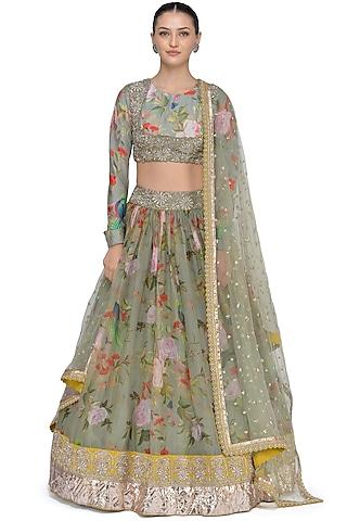 olive green printed & embroidered lehenga set