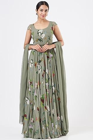 olive green printed anarkali set