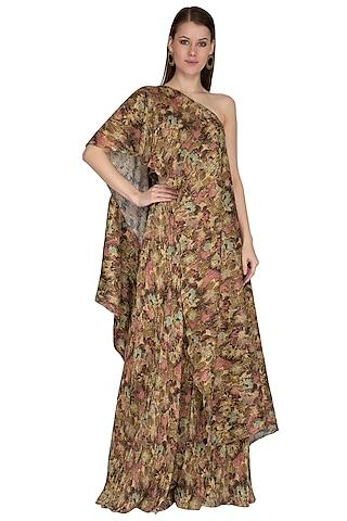 olive green printed cape top with pants
