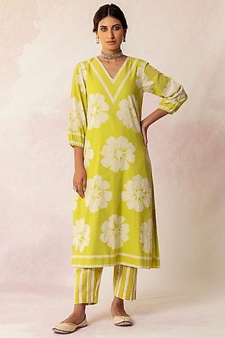 olive green printed kurta set