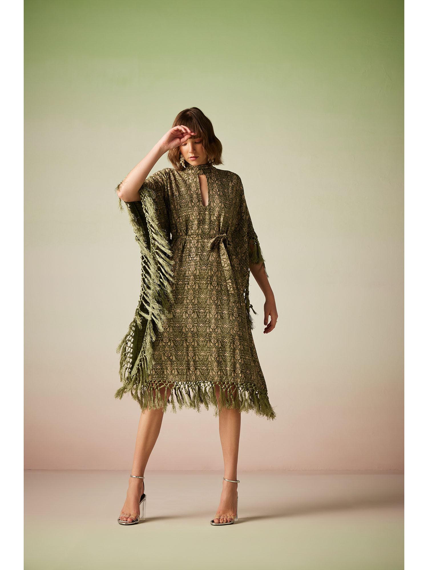 olive green printed sequinned kaftan dress (set of 2)