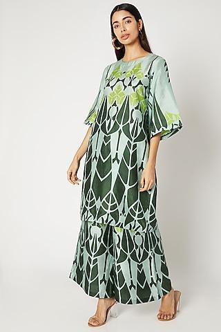 olive green printed tunic with wide leg pants