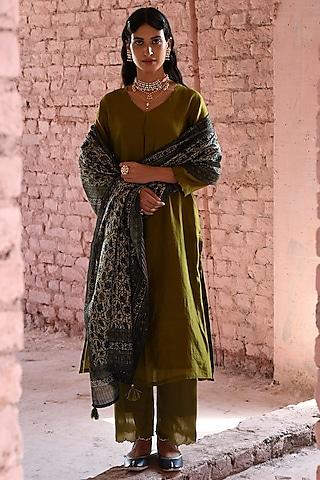 olive green pure chanderi embellished a-line kurta set