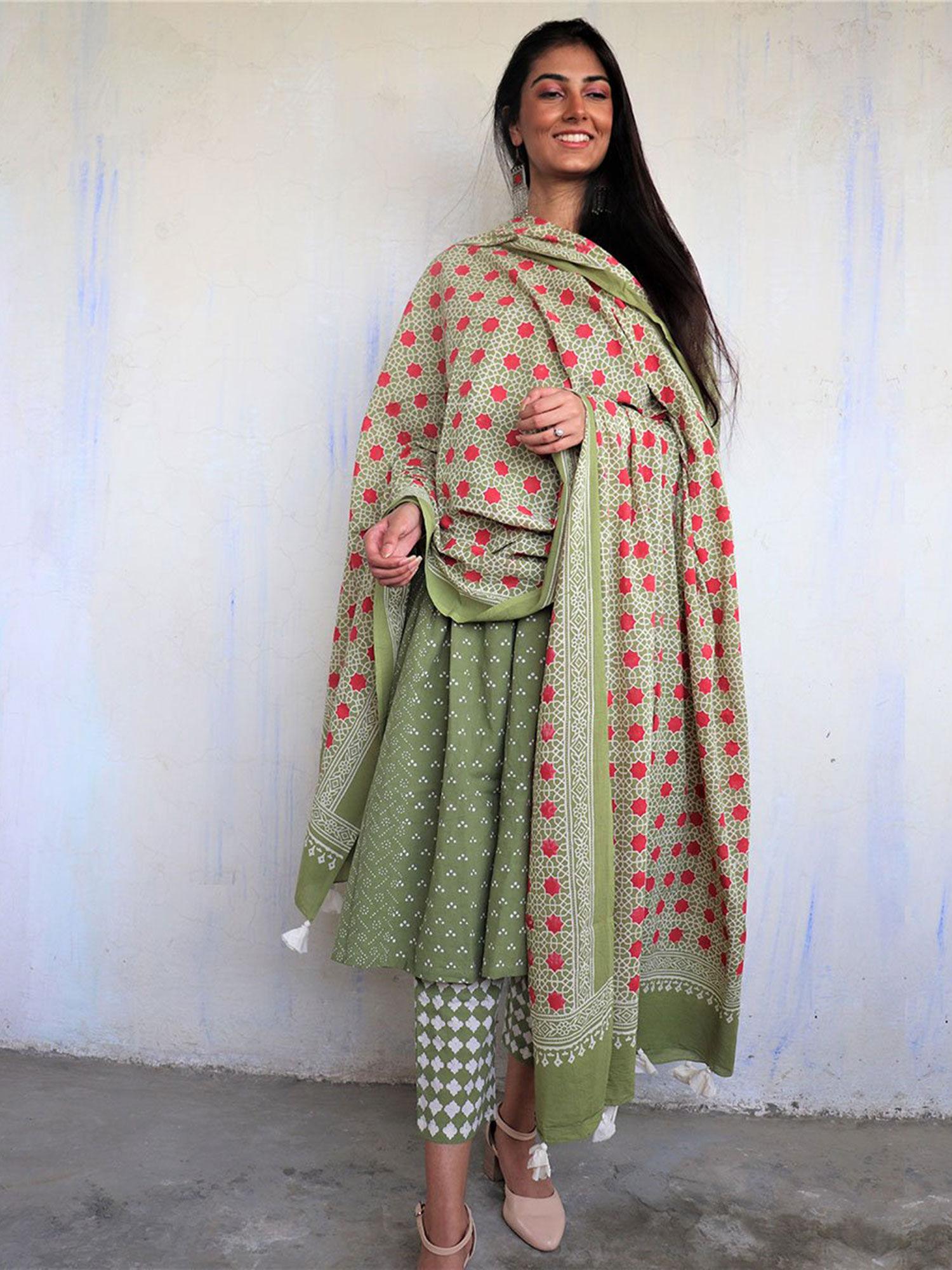 olive green pure cotton block printed dupatta ajooni