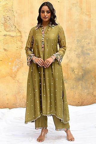 olive green pure handwoven banarasi silk & bemberg embroidered kurta set