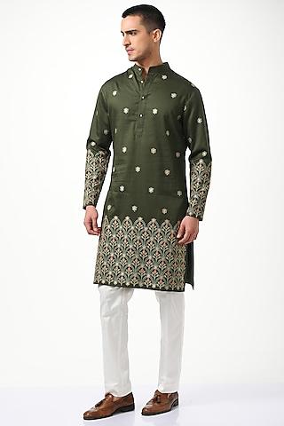 olive green pure silk embroidered kurta set