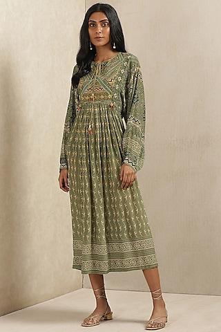 olive green rayon printed dress