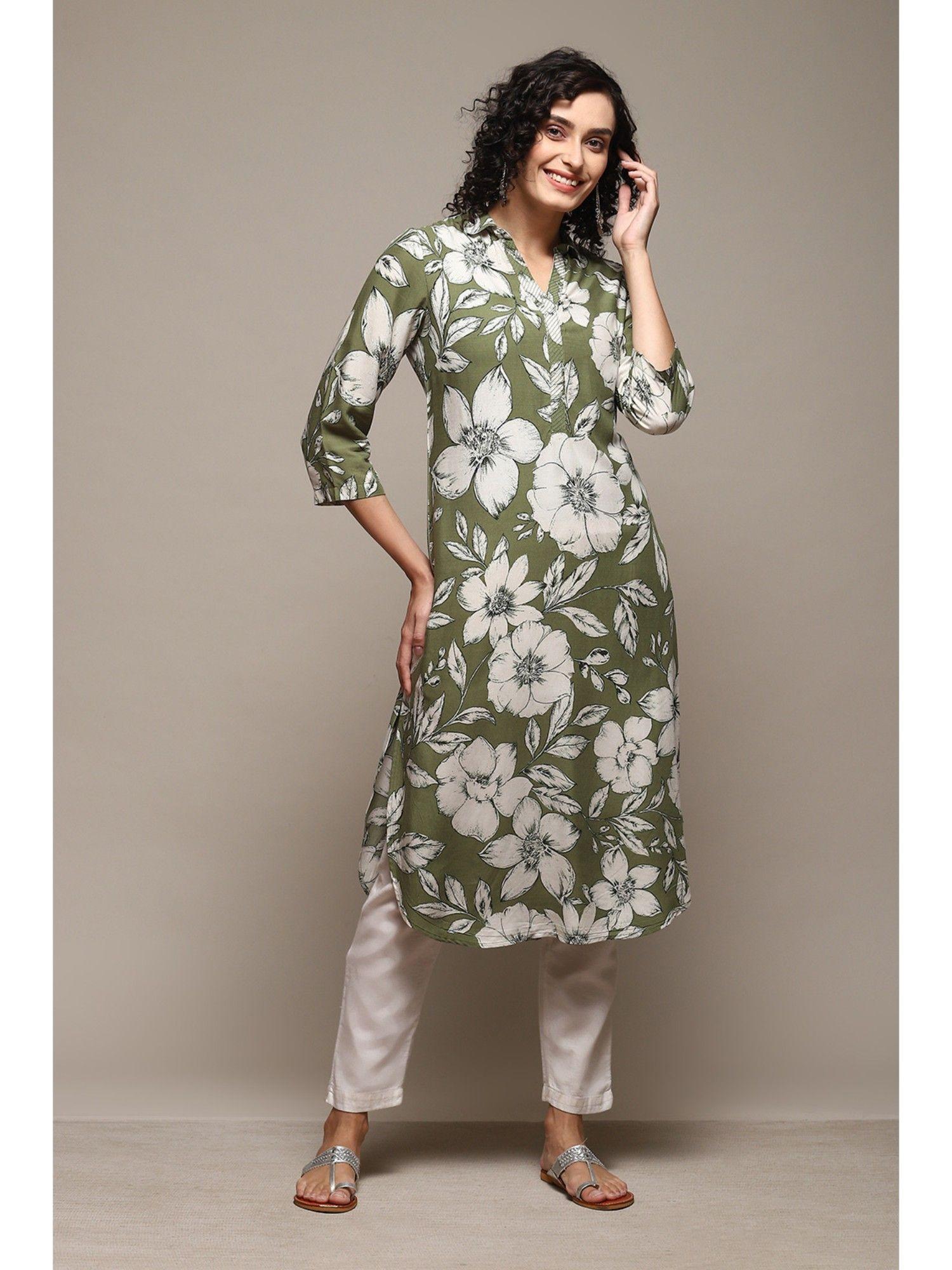 olive green rayon printed kurta