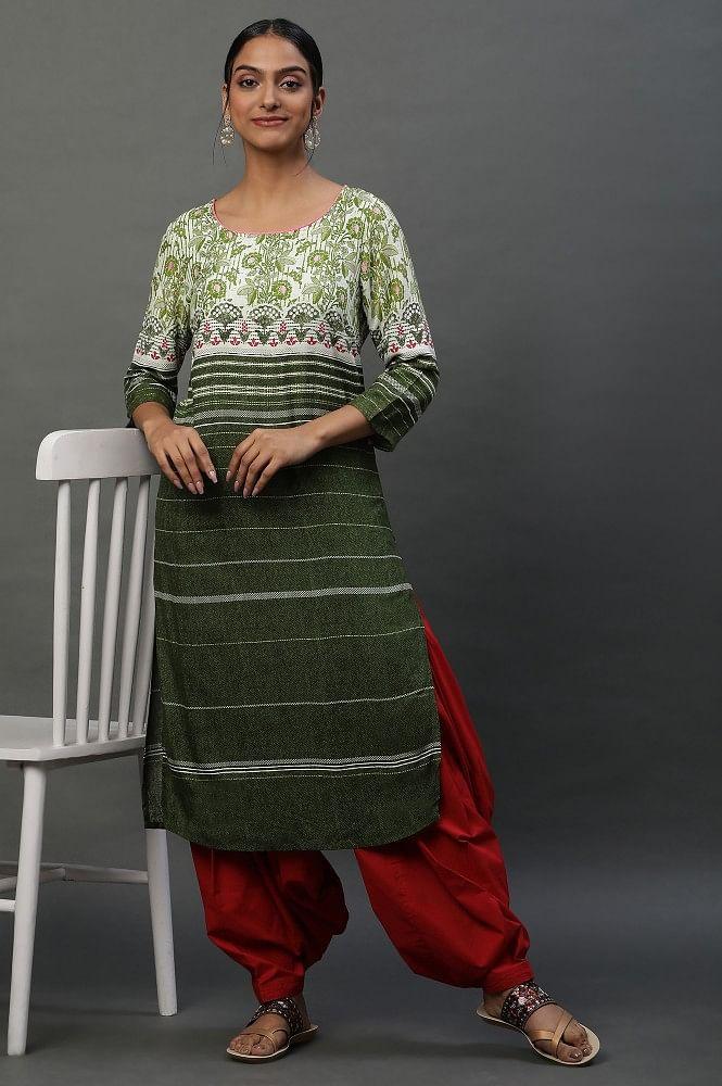 olive green round neck printed kurta