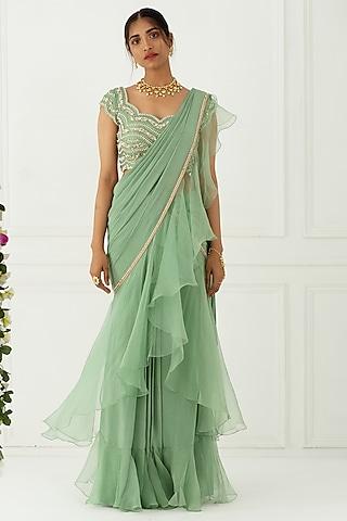 olive green ruffled draped saree set