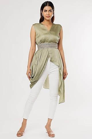 olive green satin lurex asymmetrical tunic