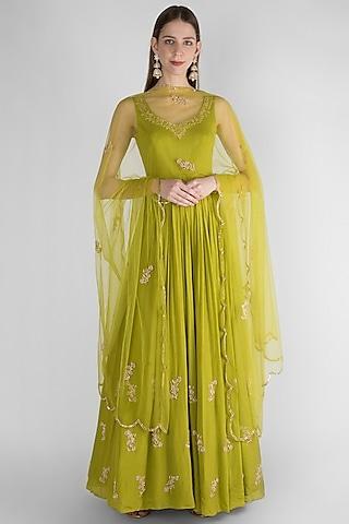 olive green sequins embroidered anarkali with dupatta