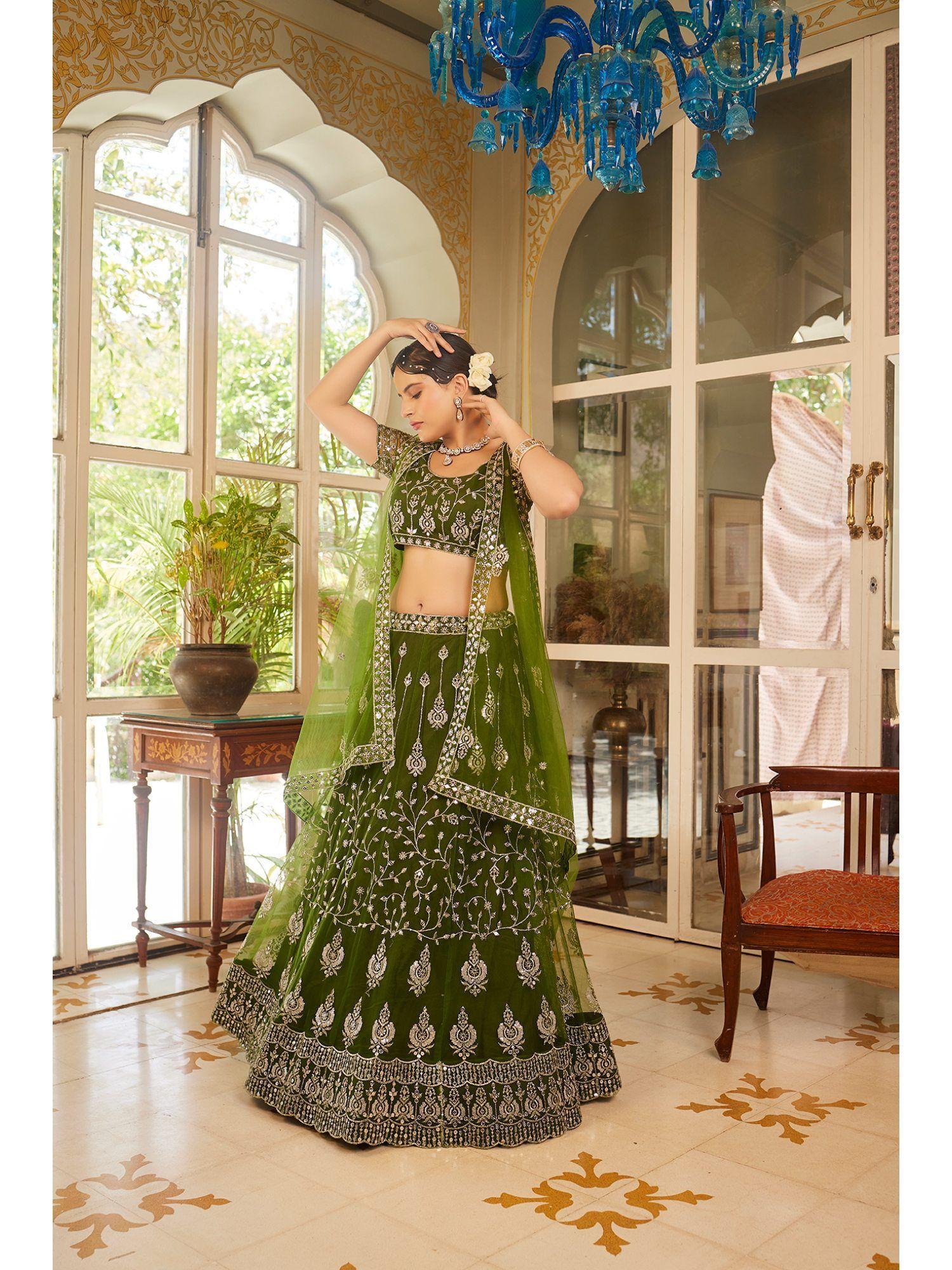 olive green sequins embroidered net lehenga choli