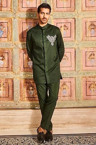 olive green shirting & cotton silk thread embroidered short kurta set