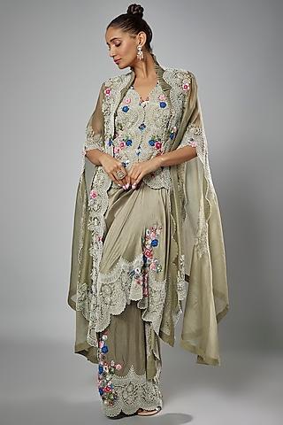 olive green silk & organza embroidered cape set