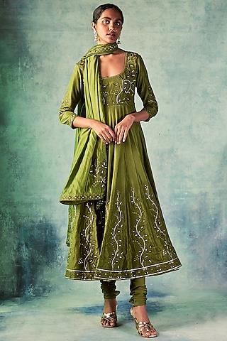 olive green silk anarkali set