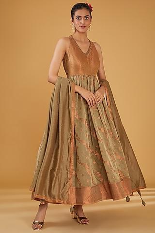 olive green silk blend & viscose brocade embroidered anarkali set