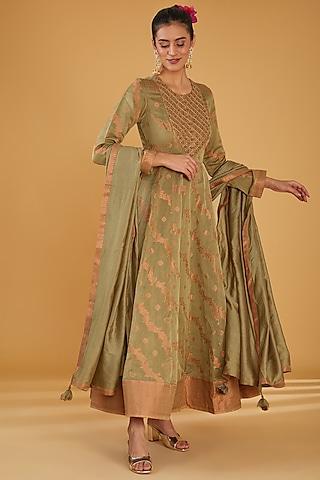 olive green silk blend zari embroidered anarkali set