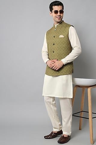 olive green silk bundi jacket with kurta set for boys