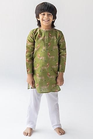 olive green silk chanderi digital printed kurta set for boys