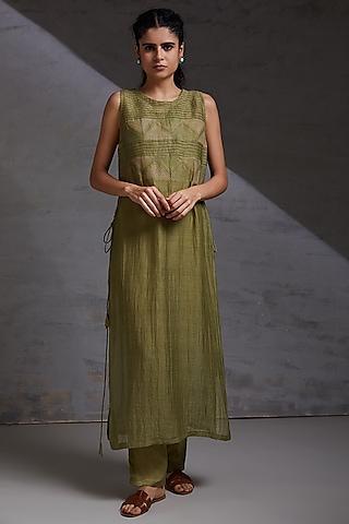 olive green silk chanderi kurta set