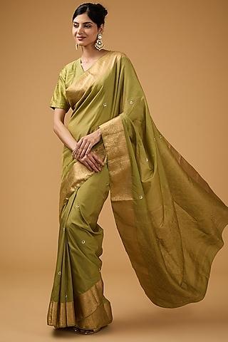 olive green silk floral embroidered saree set