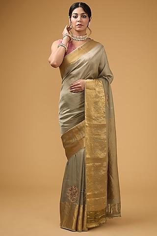 olive green silk floral motifs embroidered saree set