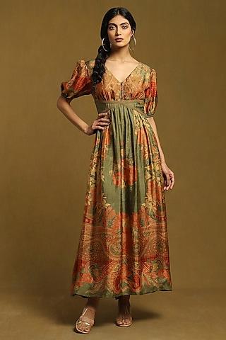 olive green silk printed semi-fitted dress