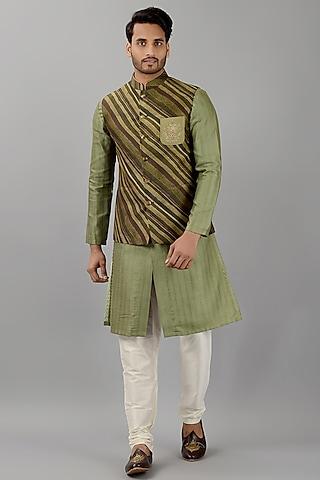 olive green silk stripe nehru jacket