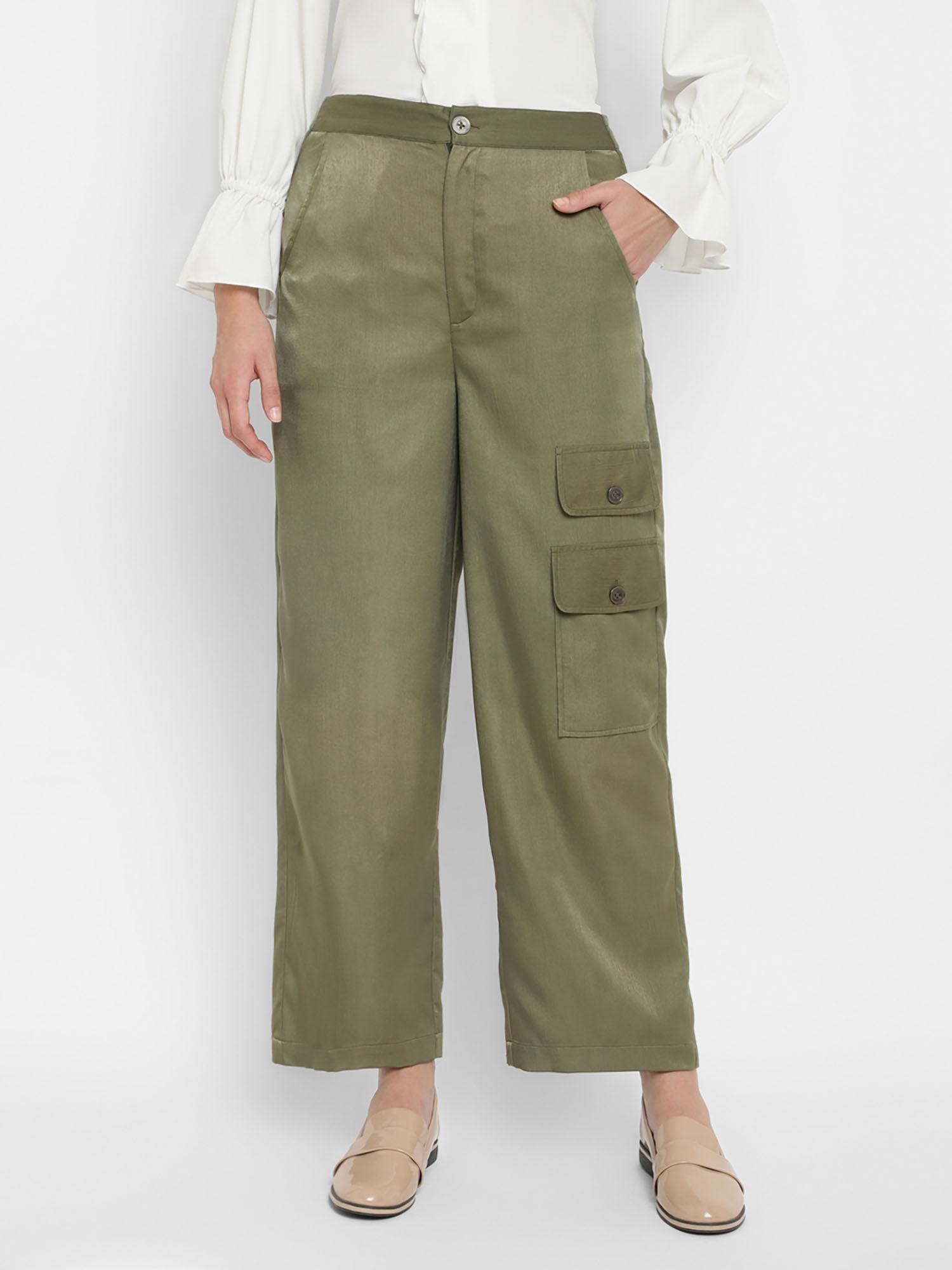 olive green solid satin trousers