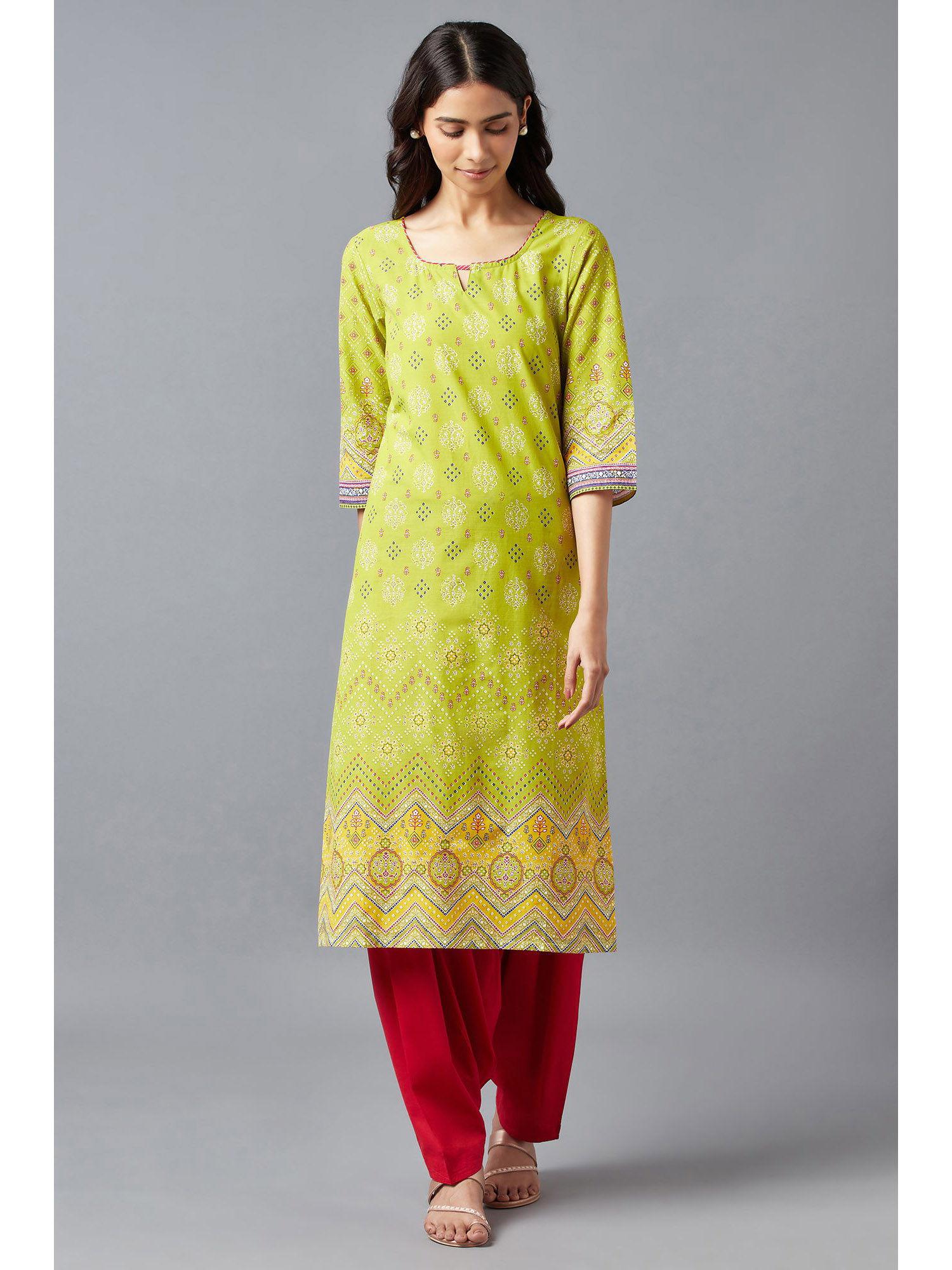 olive green square neck printed kurta