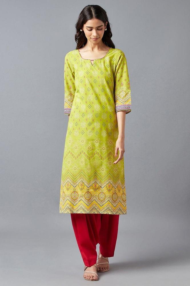 olive green square neck printed kurta